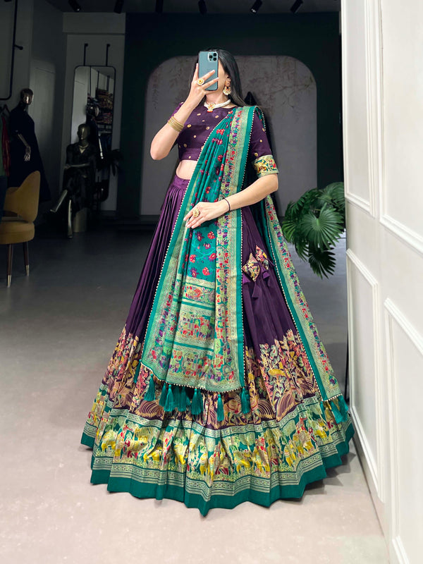 Women's Tusser Silk Floral Print Lehenga Choli with Foil Work & Gotta Patti Dupatta