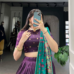 Women's Tusser Silk Floral Print Lehenga Choli with Foil Work & Gotta Patti Dupatta