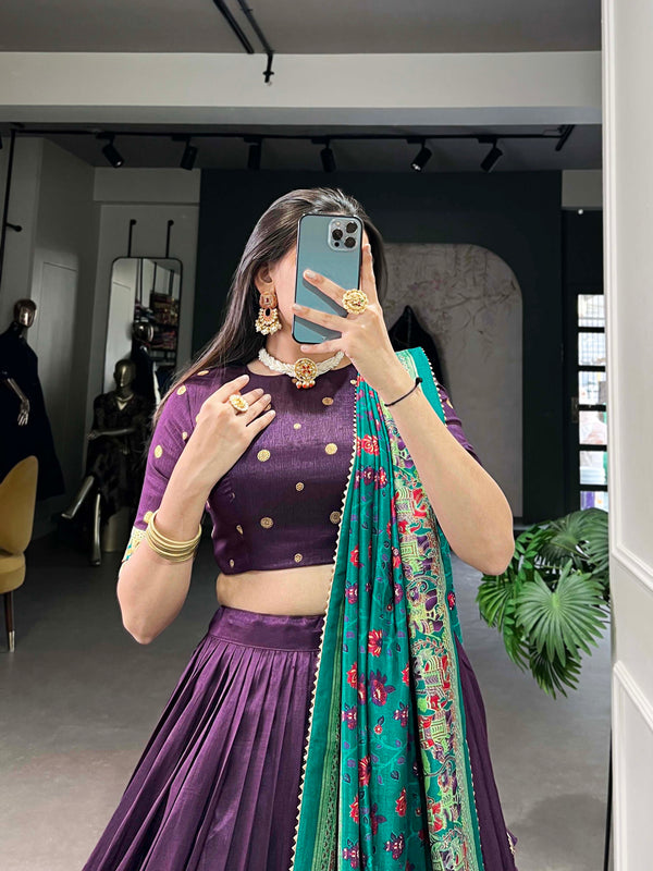 Women's Tusser Silk Floral Print Lehenga Choli with Foil Work & Gotta Patti Dupatta