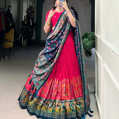 Women's Tusser Silk Floral Print Lehenga Choli with Foil Work & Gotta Patti Dupatta