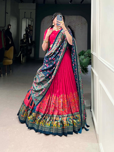 Women's Tusser Silk Floral Print Lehenga Choli with Foil Work & Gotta Patti Dupatta