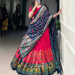 Women's Tusser Silk Floral Print Lehenga Choli with Foil Work & Gotta Patti Dupatta
