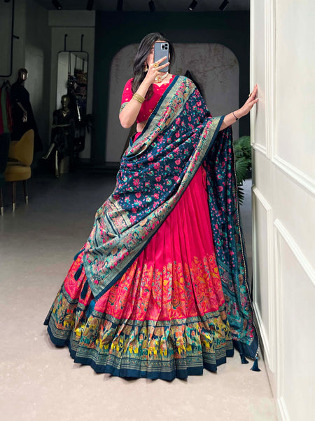 Women's Tusser Silk Floral Print Lehenga Choli with Foil Work & Gotta Patti Dupatta