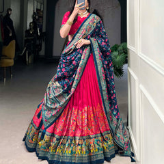 Women's Tusser Silk Floral Print Lehenga Choli with Foil Work & Gotta Patti Dupatta