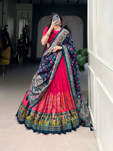 Women's Tusser Silk Floral Print Lehenga Choli with Foil Work & Gotta Patti Dupatta
