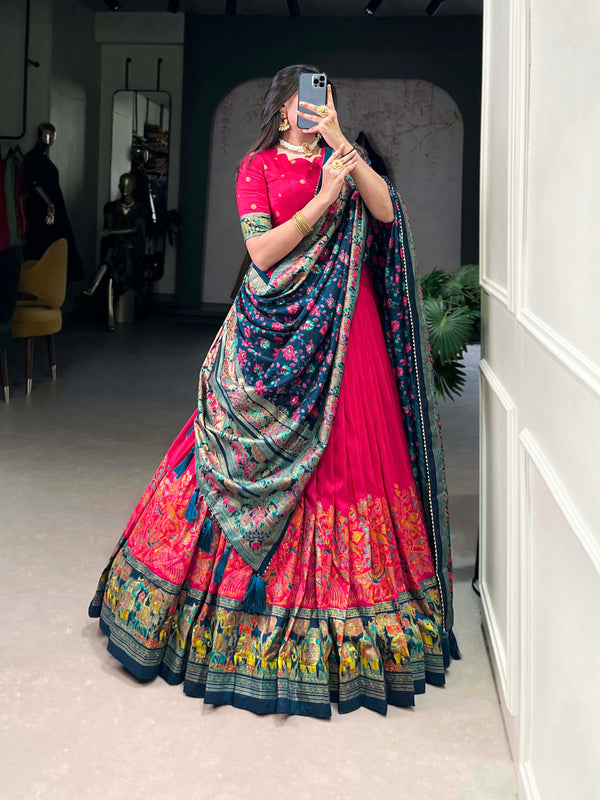 Women's Tusser Silk Floral Print Lehenga Choli with Foil Work & Gotta Patti Dupatta