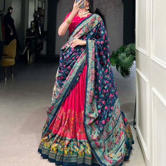 Women's Tusser Silk Floral Print Lehenga Choli with Foil Work & Gotta Patti Dupatta