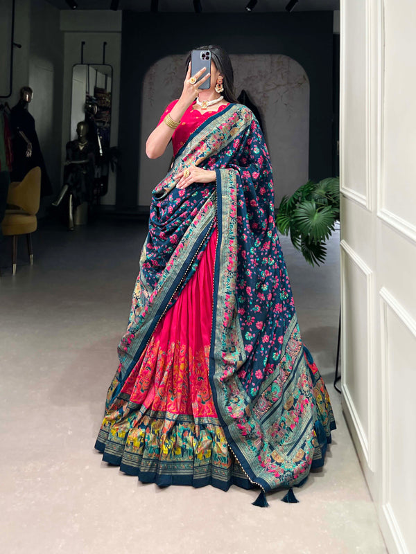 Women's Tusser Silk Floral Print Lehenga Choli with Foil Work & Gotta Patti Dupatta