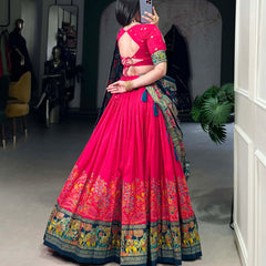 Women's Tusser Silk Floral Print Lehenga Choli with Foil Work & Gotta Patti Dupatta