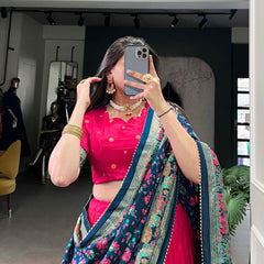 Women's Tusser Silk Floral Print Lehenga Choli with Foil Work & Gotta Patti Dupatta