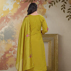 Women's Chanderi Silk Embroidered Kurta Pant & Dupatta Set