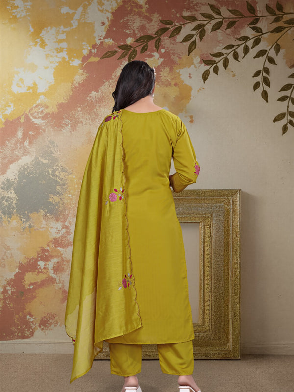 Women's Chanderi Silk Embroidered Kurta Pant & Dupatta Set
