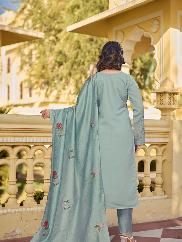 Women's Chanderi Silk Embroidered Kurta Pant Set With Dupatta