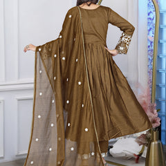 Women's Cotton Silk Embroidered Gown Pant & Chanderi Cotton Dupatta Set