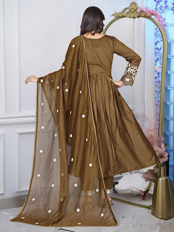 Women's Cotton Silk Embroidered Gown Pant & Chanderi Cotton Dupatta Set