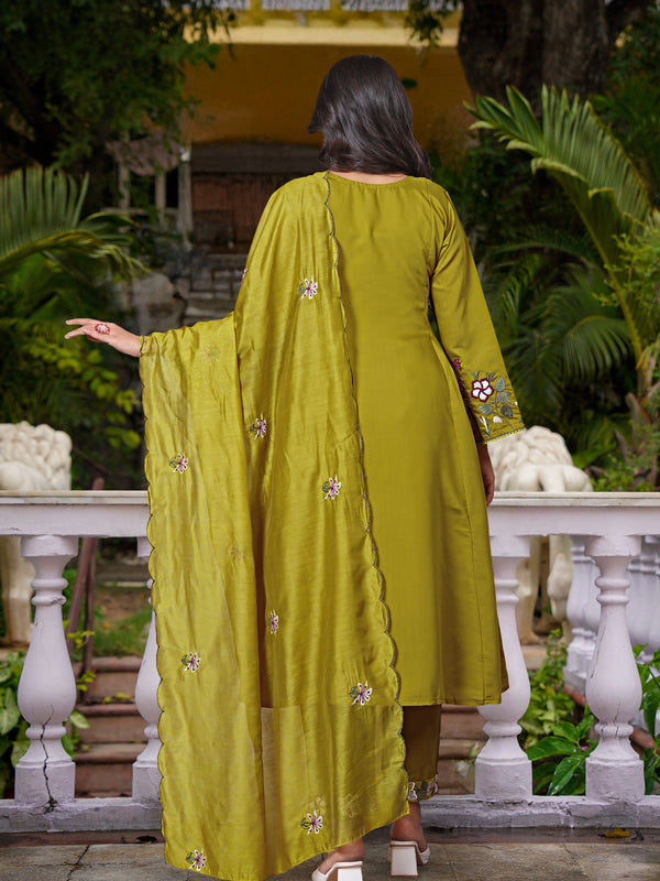 Women's Chanderi Silk Embroidered Kurta Pant & Organza Dupatta Set