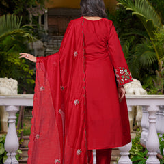 Women's Chanderi Silk Embroidered Kurta Pant & Organza Dupatta Set