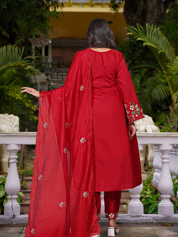 Women's Chanderi Silk Embroidered Kurta Pant & Organza Dupatta Set