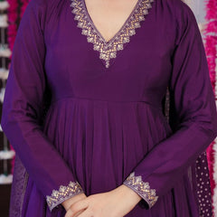 Women's Embroidered Chanderi Silk Kurta With Palazzo & Cotton Dupatta Set