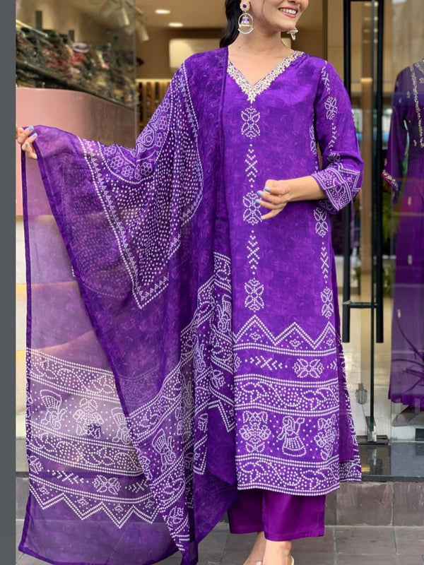 Women’s French Crepe Printed Kurta Set with Gadhwal Bottom & Chinon Dupatta
