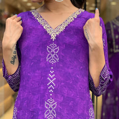 Women’s French Crepe Printed Kurta Set with Gadhwal Bottom & Chinon Dupatta