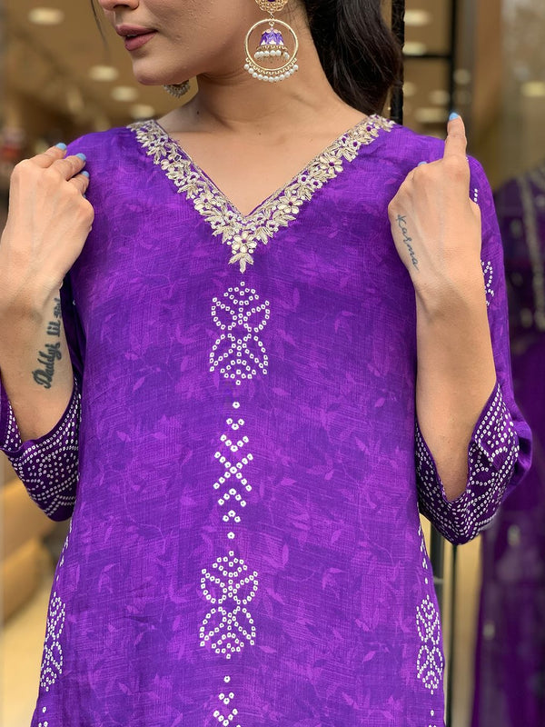 Women’s French Crepe Printed Kurta Set with Gadhwal Bottom & Chinon Dupatta