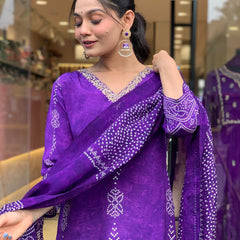 Women’s French Crepe Printed Kurta Set with Gadhwal Bottom & Chinon Dupatta