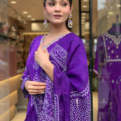 Women’s French Crepe Printed Kurta Set with Gadhwal Bottom & Chinon Dupatta