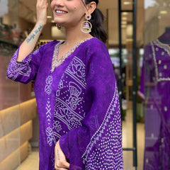 Women’s French Crepe Printed Kurta Set with Gadhwal Bottom & Chinon Dupatta