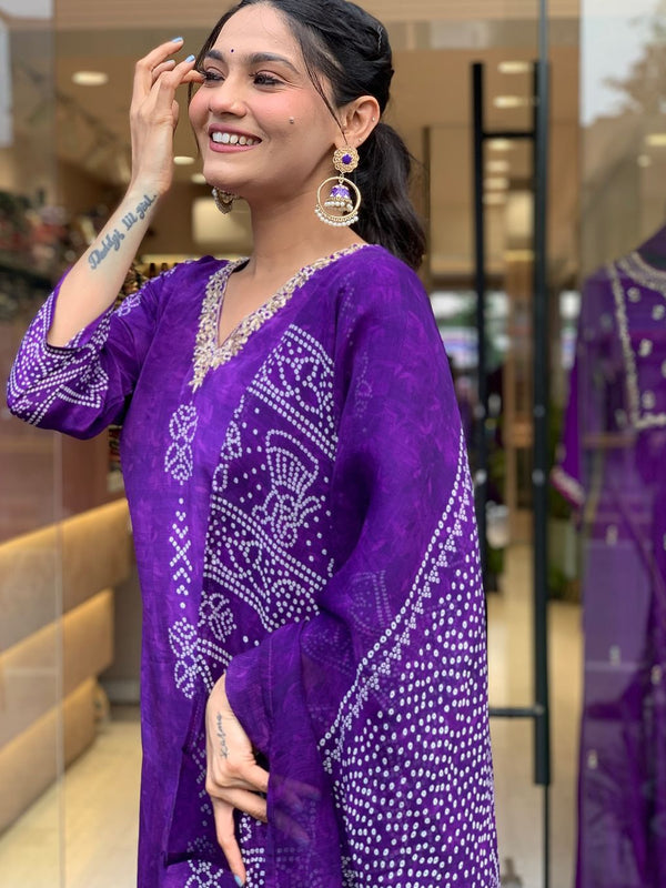 Women’s French Crepe Printed Kurta Set with Gadhwal Bottom & Chinon Dupatta