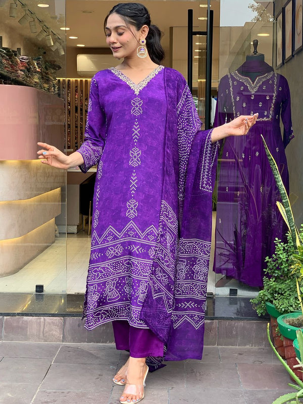 Women’s French Crepe Printed Kurta Set with Gadhwal Bottom & Chinon Dupatta