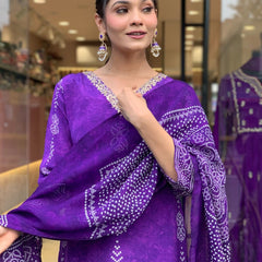 Women’s French Crepe Printed Kurta Set with Gadhwal Bottom & Chinon Dupatta