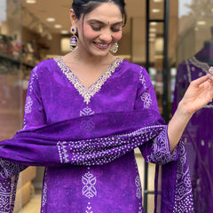 Women’s French Crepe Printed Kurta Set with Gadhwal Bottom & Chinon Dupatta