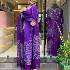 Women’s French Crepe Printed Kurta Set with Gadhwal Bottom & Chinon Dupatta