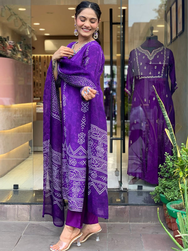 Women’s French Crepe Printed Kurta Set with Gadhwal Bottom & Chinon Dupatta