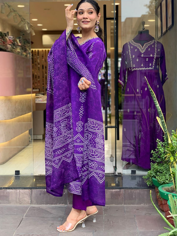 Women’s French Crepe Printed Kurta Set with Gadhwal Bottom & Chinon Dupatta