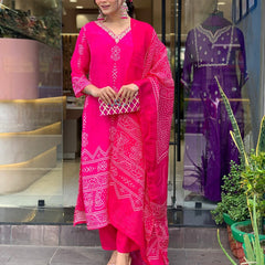 Women’s French Crepe Printed Kurta Set with Gadhwal Bottom & Chinon Dupatta