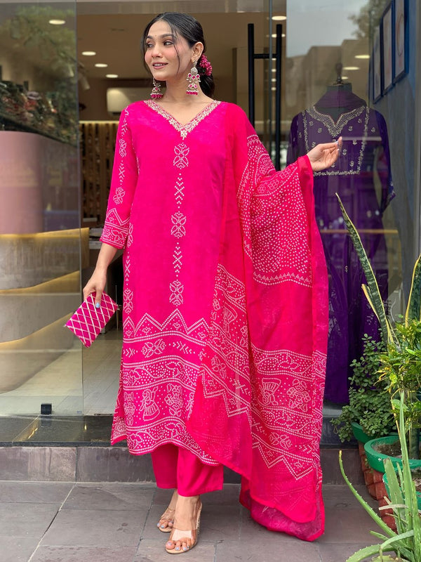 Women’s French Crepe Printed Kurta Set with Gadhwal Bottom & Chinon Dupatta