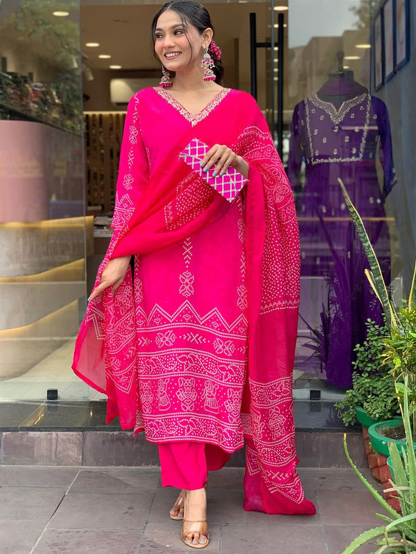 Women’s French Crepe Printed Kurta Set with Gadhwal Bottom & Chinon Dupatta