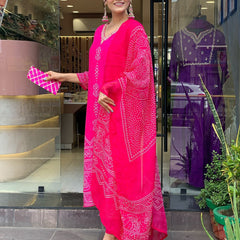Women’s French Crepe Printed Kurta Set with Gadhwal Bottom & Chinon Dupatta