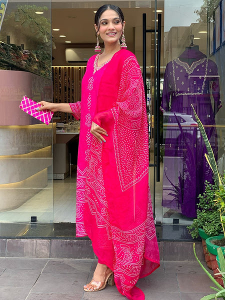 Women’s French Crepe Printed Kurta Set with Gadhwal Bottom & Chinon Dupatta