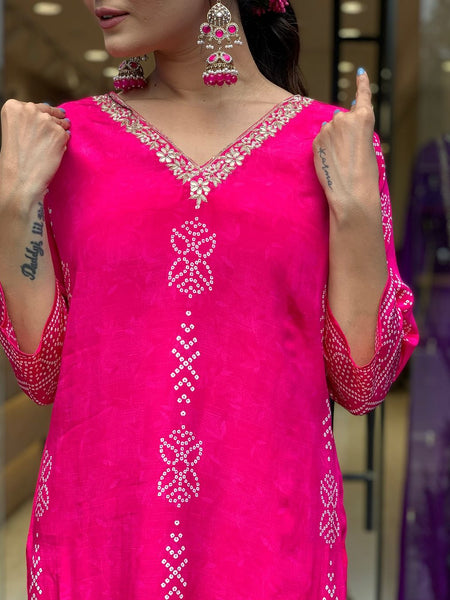 Women’s French Crepe Printed Kurta Set with Gadhwal Bottom & Chinon Dupatta