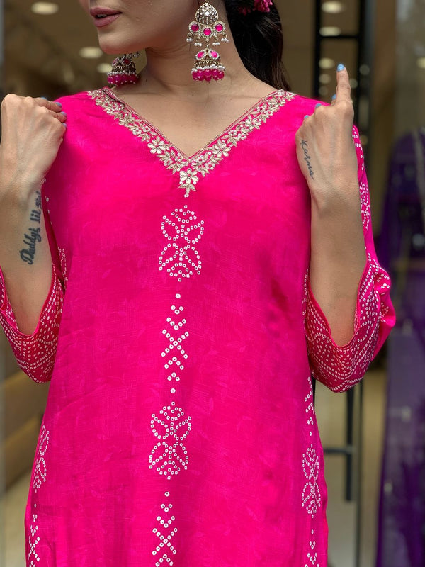Women’s French Crepe Printed Kurta Set with Gadhwal Bottom & Chinon Dupatta