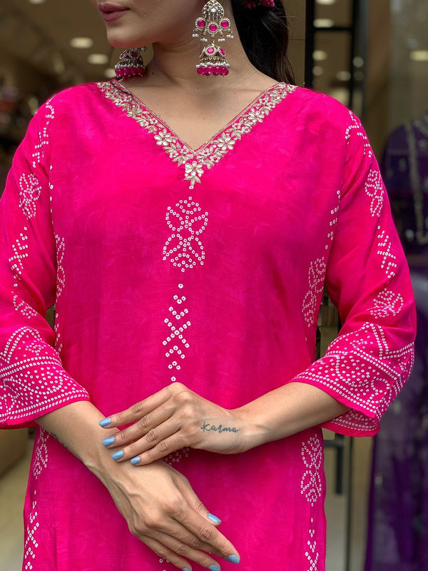 Women’s French Crepe Printed Kurta Set with Gadhwal Bottom & Chinon Dupatta