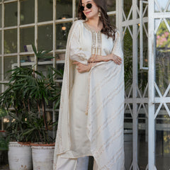 Women’s Viscose Chanderi Embroidered Kurta Set with Jacquard Dupatta
