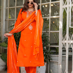 Women’s Viscose Chanderi Embroidered Kurta Set with Jacquard Dupatta