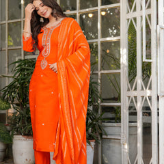 Women’s Viscose Chanderi Embroidered Kurta Set with Jacquard Dupatta