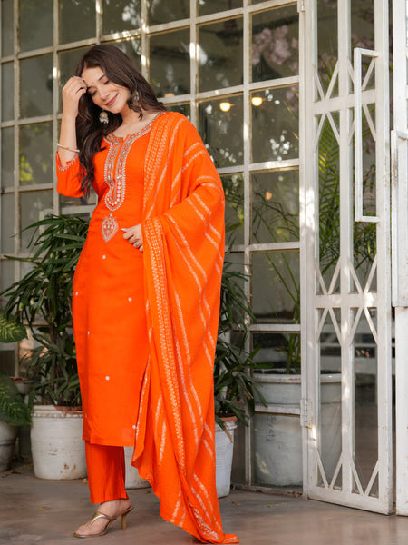 Women’s Viscose Chanderi Embroidered Kurta Set with Jacquard Dupatta
