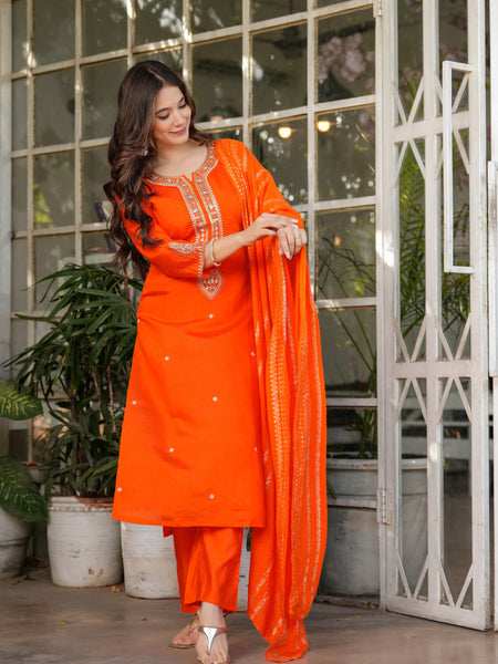 Women’s Viscose Chanderi Embroidered Kurta Set with Jacquard Dupatta