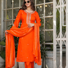 Women’s Viscose Chanderi Embroidered Kurta Set with Jacquard Dupatta